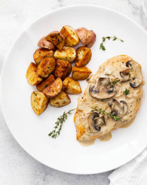 Poulet aux champignons, riz